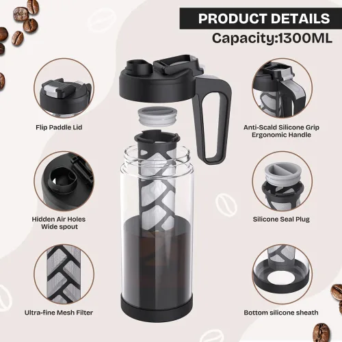 Miniatura 4 de wedrink Cafetera fría de 44 onzas, jarra de vidrio de borosilicato de 1.3 L con mango cómodo, filtro extraíble y parte inferior de silicona