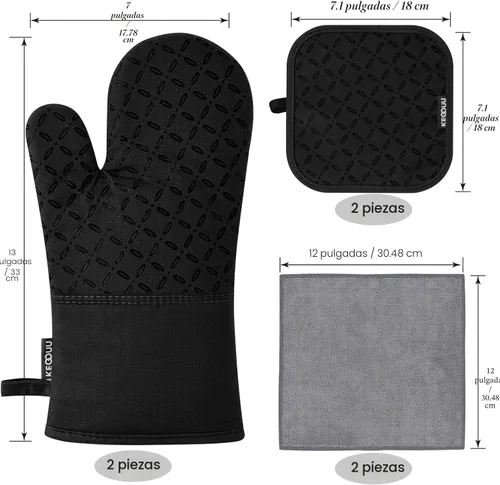 Miniatura 2 de KEGOUU Juego de 6 manoplas para horno y soportes para ollas, guantes para horno de cocina, resistentes al calor, 500 grados, extra largos, Negro