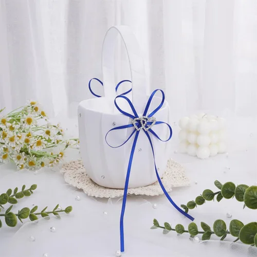 Miniatura 3 de QIRMIZI Juego de almohada para anillo de boda y cesta para niña de las flores, adornado con diamantes de imitación, satén blanco, azul