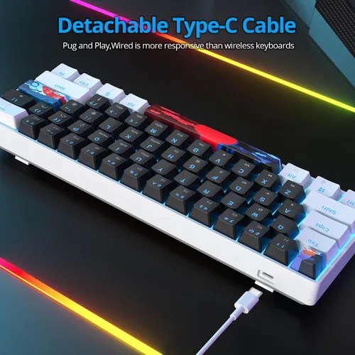 Miniatura 5 de Teclado mecánico portátil 60 % para juegos, teclado de oficina mini compacto con retroiluminación LED azul hielo de 61 teclas con cable, interruptor