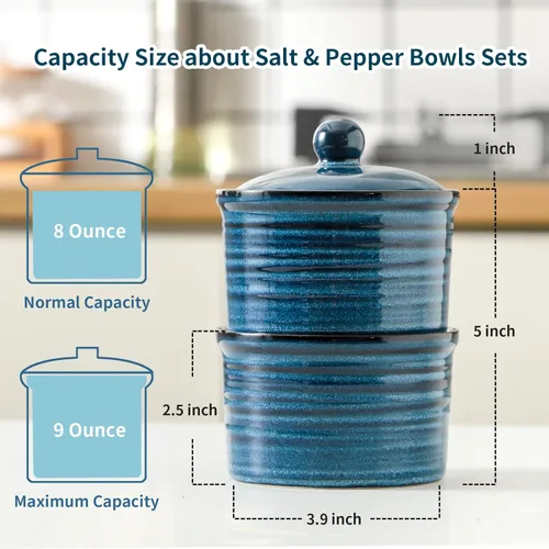 Miniatura 3 de Hasense Salero de cerámica con tapa, cuencos de sal y pimienta de 9 onzas, caja de sal apilable para encimera de cocina, decoración de cocina azul