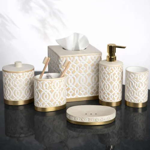 Miniatura 11 de Decozen Juego de 6 accesorios de baño, dispensador de jabón, soportes para cepillos de dientes, vaso, jabonera y tarro de hisopo de algodón