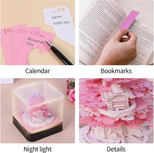 Miniatura 6 de Calendario de piezas de tiempo 3D, bloc de notas 2026, arte de papel 3D, casa de árbol verde, calendario de escritorio creativo, bloc de notas