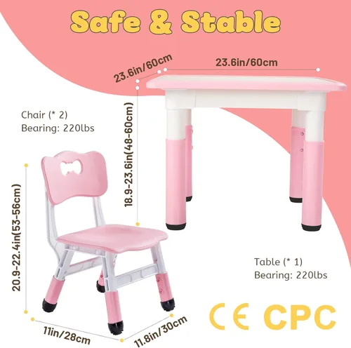 Miniatura 6 de FUNLIO - Juego de mesa y 2 sillas para niños, juego de mesa y silla ajustables en altura para niños de 3 a 8 años, mesa fácil de limpiar para Rosa