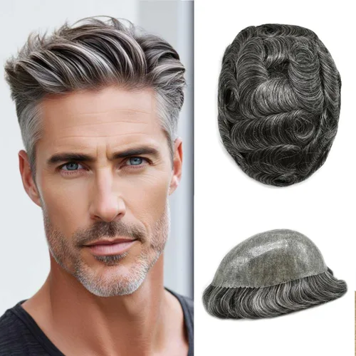 Miniatura 79 de Toupee para hombres Sistema de reemplazo de cabello humano real para hombres Completo PU Mens Hairpiece de aspecto natural para hombre piezas