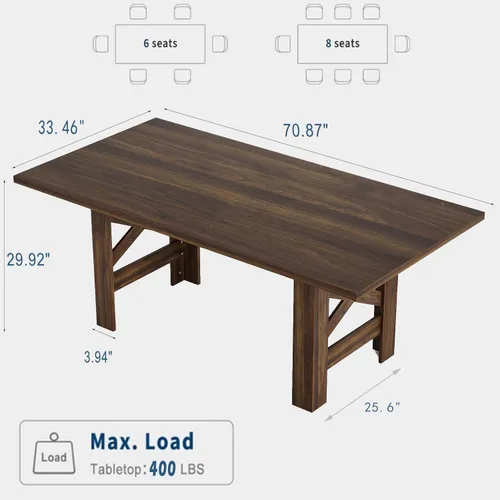 Miniatura 2 de Garvee Mesa de comedor de madera para 6 a 8 personas, mesa de cocina grande resistente, mesas de comedor rectangulares de 70.87 pulgadas de largo
