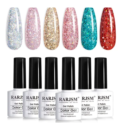 Miniatura 12 de RARJSM Juego de 6 esmaltes de uñas de gel, color marrón, café, vino, borgoña, nude, morado, rosa, champán, dorado, purpurina, para invierno, secado