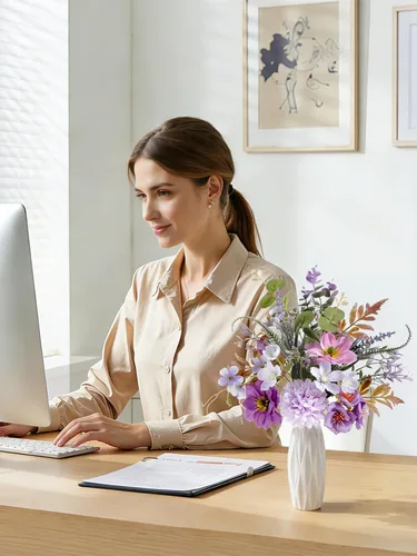 Miniatura 4 de Flores artificiales pequeñas de 11.8 pulgadas en jarrón de cerámica, centro de mesa de flores de seda púrpura para mesa de comedor, oficina, boda
