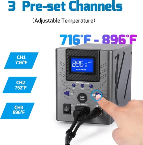 Miniatura 5 de WEP 948D-I - Estación de desoldadura de alta potencia de 110 W con 4 boquillas de desoldadura, control de temperatura con 3 canales preestablecidos