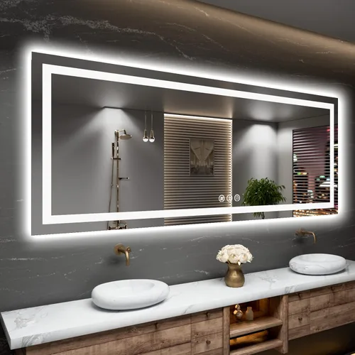 Miniatura 63 de Amorho Espejo de baño LED de 24 x 32 pulgadas con luces, iluminación frontal y retroiluminación, regulable continuamente, antiniebla, vidrio Frente