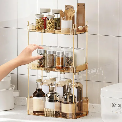 Miniatura 7 de Akinbas Organizador de baño de 3 niveles, bandeja de perfume de maquillaje, organizador de cuidado de la piel para tocador de baño (dorado)