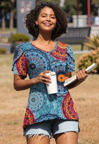 Miniatura 3 de CATHY 2025 - Blusas de verano para mujer, con mangas cortas, cuello en V, estilo túnica, tallas S-4XL