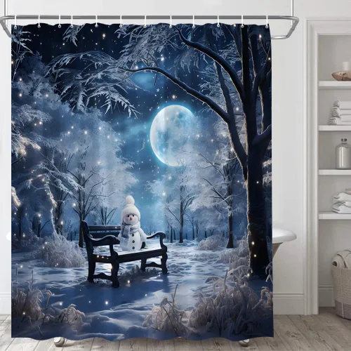 Cortina de ducha de invierno con luna llena, color azul de ensueño, para Navidad, bosque, parque, banco, muñeco de nieve, pino exuberante, nieve,