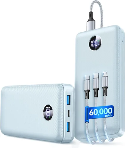 Cargador portátil de batería de 60,000 mAh, cargador de teléfono de carga rápida de 22.5 W, cable USB-C/iOS/Micro-USB, Powerbank para iPhone 17 16