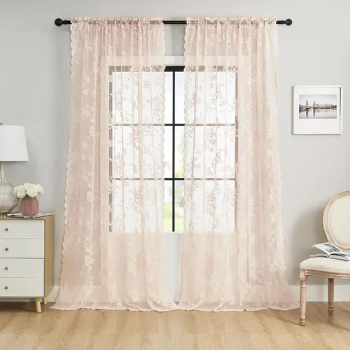 Miniatura 42 de SEEKRIGHT - 2 paneles de cortinas traslúcidas de encaje negro, cortinas góticas florales, cortinas victorianas con bolsillo para cortinero