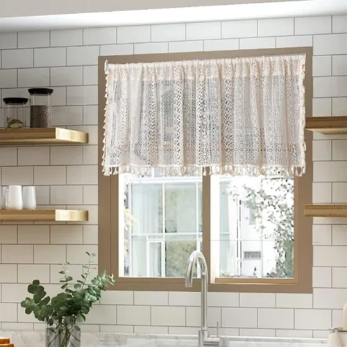 Colorigan Cortina Boho Semitransparente Individual de 24 Pulgadas, Cenefas Cortas para Ventana, de Encaje Blanco con Flecos de Algodón para Sala de