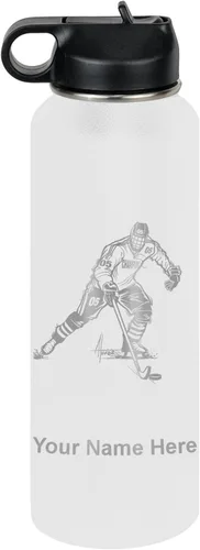 Miniatura 54 de LaserGram Botella de agua personalizada, jugador de hockey, acero inoxidable de doble pared aislada al vacío con popote superior, regalo grabado
