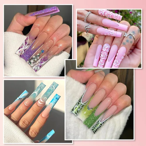 Miniatura 7 de Puntas de uñas cuadradas de relleno sin curva C, puntas de uñas de gel cuadradas cónicas transparentes largas 3XL, 200 piezas