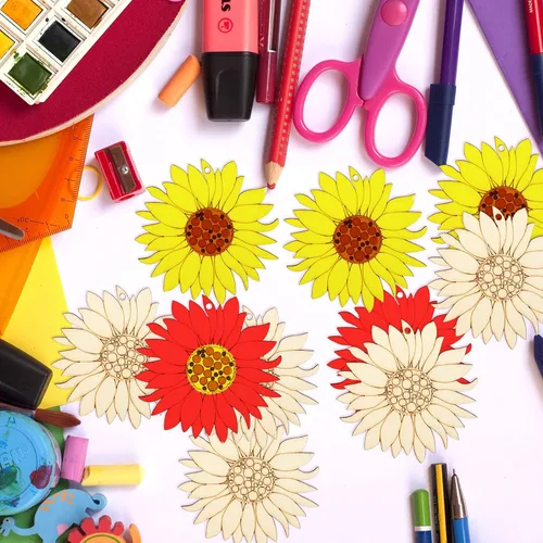 Miniatura 9 de 10 piezas de madera sin terminar con forma de girasol, piezas de discos de rebanadas para manualidades, decoración de primavera