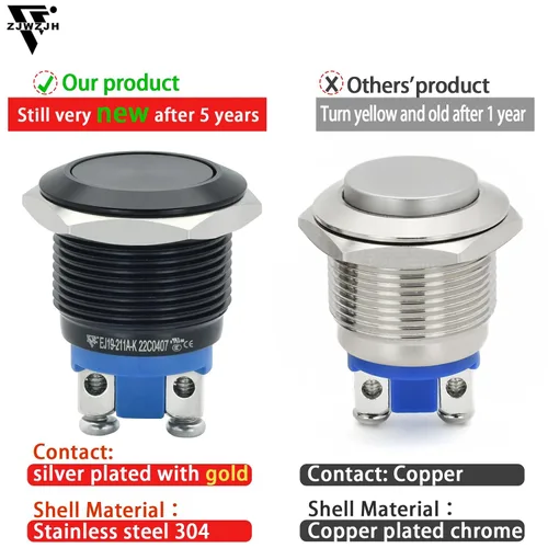 Miniatura 6 de 2 piezas de interruptor de botón de presión de 19 mm, negro, momentáneo, impermeable IP67, metal, plano, redondo, 3/4 pulgadas, 12 V, 24 V, 36 V