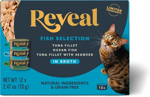 Miniatura 8 de Reveal Fish & Chicken - Paquete variado de comida húmeda para gatos en caldo, paquete de 12, 3 sabores, proteínas, ingredientes limitados, sin