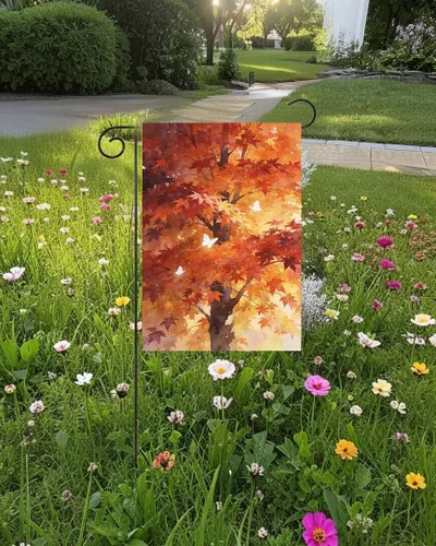 Miniatura 4 de Bandera de jardín de otoño con diseño de cuentos de hadas de fantasía, árbol, puesta de sol, mariposas, hierba, 12 x 18 pulgadas, pequeña, vertical