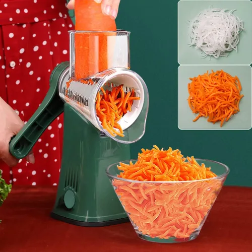 Miniatura 4 de Rallador de queso giratorio manual, 5 cuchillas intercambiables, mandolina redonda, trituradora de verduras, trituradora de tambor, picadora de Verde