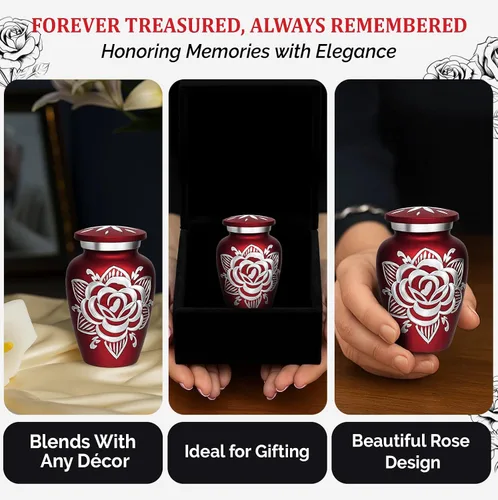 Miniatura 9 de Urna de Cremación de Rosa para Cenizas para Mujeres y Hombres - Urnas de Rosa Artesanales para Cenizas Humanas Adultas Femeninas y Masculinas - Rojo
