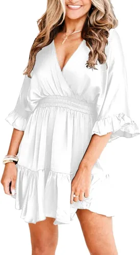 Miniatura 2 de Aoysky Vestidos casuales con cuello en V para mujer, de verano, holgado, cintura alta, volantes, plisado, lindo vestido corto