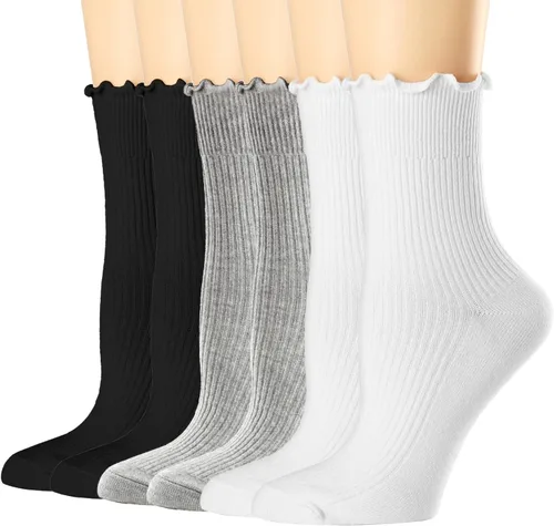 Miniatura 8 de Mcool Mary Calcetines para mujer, con volantes, estilo casual, transpirables, de punto, de algodón, con volantes, paquete de 6