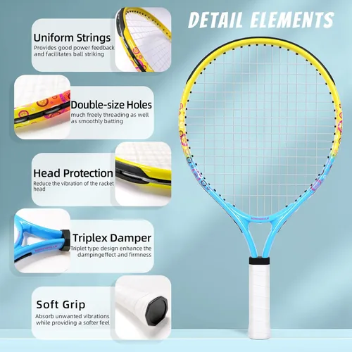 Miniatura 3 de Raqueta de tenis para niños de 17"-23" para edades de 2-9 años, ligera y duradera, incluye 1 raqueta de tenis para niños pequeños y 1 cintas
