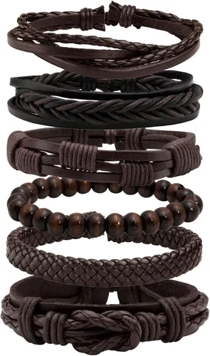 Miniatura 9 de MILAKOO 6 pulseras de cuero trenzado para hombres y mujeres de madera con cuentas de pulsera ajustable