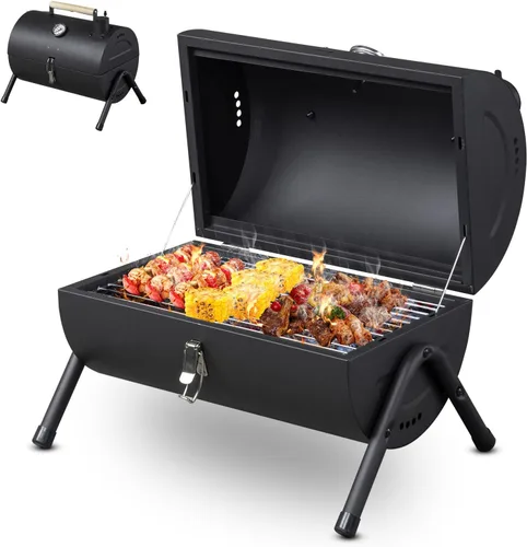 Miniatura 9 de VINGLI Parrilla de carbón portátil de doble cara, mango de madera, bolsa de almacenamiento, multifuncional de metal compacto de mesa para barbacoa