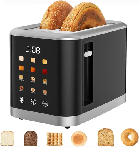 Tostadora de pantalla táctil de 2 rebanadas con temporizador digital con 6 tipos de pan y 6 configuraciones de tostado, tostadora inteligente de