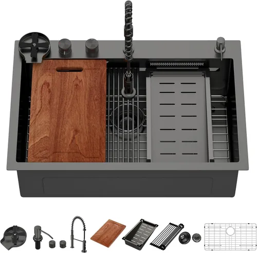 Miniatura 44 de Lordear - Fregadero de barra – Fregadero de barra dorado de 13 x 15 pulgadas con grifo dispensador de jabón, estación de trabajo, calibre 16 T304
