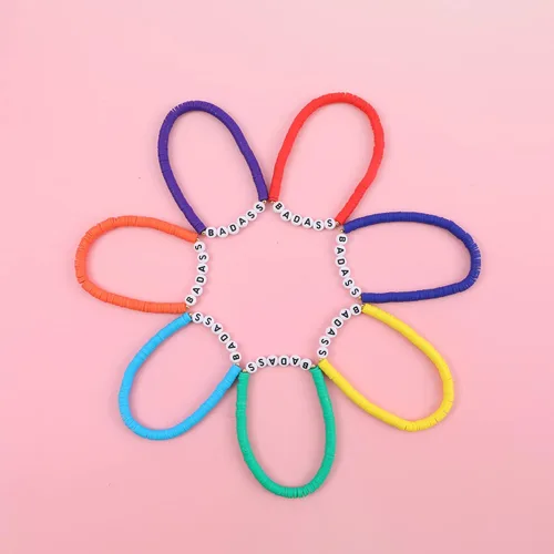 Miniatura 2 de Juego de pulseras heishi arcoíris estilo surfista para mujer, juego de pulseras apilables de cuentas de arcilla, pulseras elásticas con disco