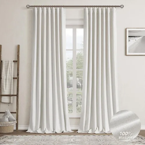 Natural Linen 100% Blackout Curtains for Bedroom 98 Inch Length 2 Panels Set Back Tab Cream Neutral Farmhouse Living Room Darkening Curtain Track
