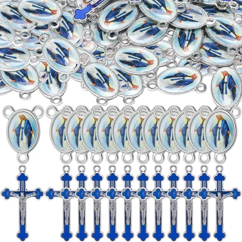 100 piezas de suministros para kits de fabricación de rosario, medallas con cruz y centro, dijes de aleación, crucifijos con imágenes religiosas