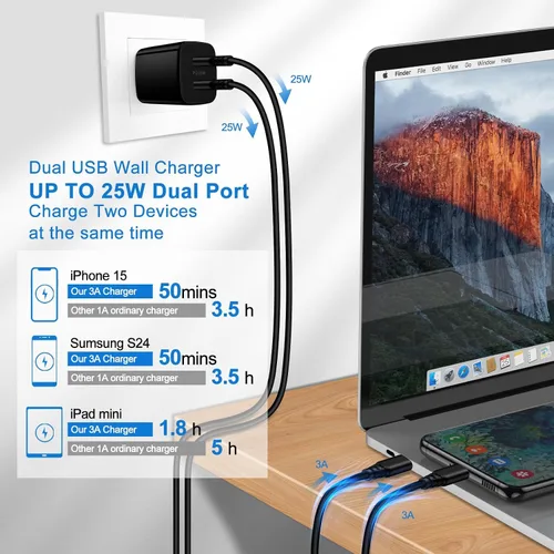 Miniatura 2 de Bloque de cargador de 25 W, USB C, caja de cargador de pared Android, 2 puertos, adaptador de corriente de enchufe de carga dual súper rápido