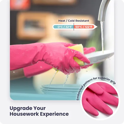 Miniatura 2 de Guantes para lavar platos, guantes de goma, guantes de cocina amarillos, guantes largos para protección de manos y trabajo Rosado