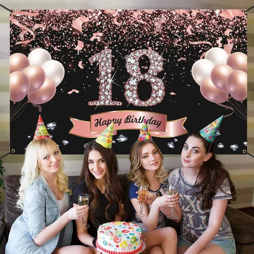 Miniatura 4 de Trgowaul Decoraciones de cumpleaños de oro rosa - Cartel de cumpleaños número 18, telón de fondo para fiestas y fotos