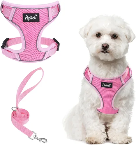 Miniatura 18 de PUPTECK Juego de arnés y correa para perro pequeño, arnés ajustable sin tirones para cachorro, chaleco de malla suave reflectante para mascotas