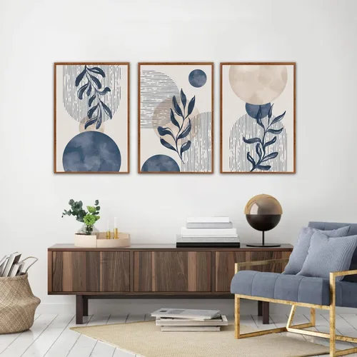 Miniatura 5 de KAIRNE Juego de Arte de Pared de Plantas Boho de 3 Piezas, Lienzo Enmarcado Bohemio Azul, Pintura de Pared de Líneas Geométricas Abstractas, Arte