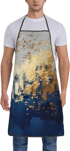 Miniatura 5 de Delantales con pechera para mujeres y hombres, delantales de cocina con bolsillos para cocina, barbacoa, hornear, asar a la parrilla Azul-Dorado