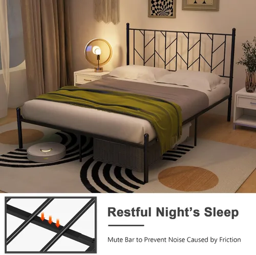 Miniatura 6 de Giantex Base de cama de metal negro con cabecera de estilo victoriano, base de cama de plataforma de 12.5 pulgadas con soporte de 14 listones