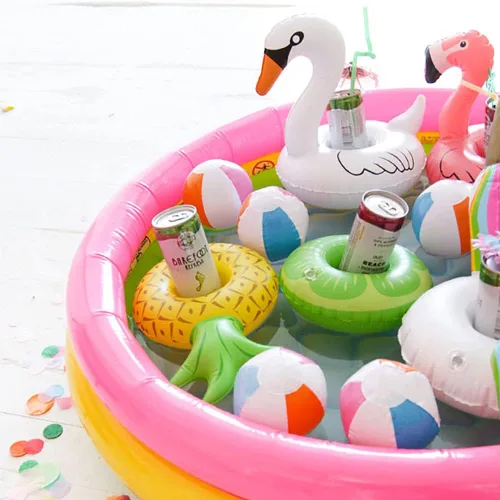 Miniatura 2 de Soporte inflable para bebidas, paquete de 25 flotadores inflables para bebidas de piscina + 1 bomba de mano, flotadores de bebidas para fiesta