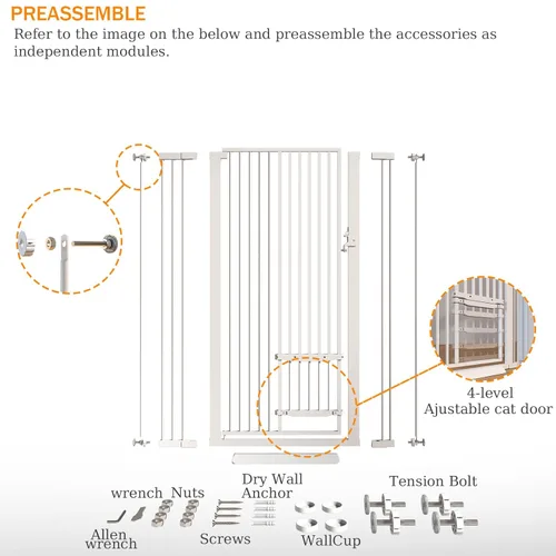 Miniatura 3 de Puerta extra alta para gatos de 55.11 pulgadas, puerta de 29.5-40.6 pulgadas de ancho con puerta pequeña para gatos, puerta de seguridad para Blanco