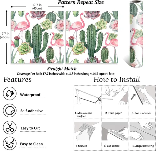 Miniatura 9 de VEELIKE Flamingos Cactus - Papel tapiz autoadhesivo para despegar y pegar de 17.7 x 118 pulgadas, diseño floral suculento verde tropical
