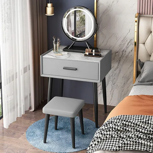 Juego de mesa de tocador con espejo de brillo ajustable y taburete acolchado, mesa de maquillaje con cajón grande para mujeres, niñas pequeñas Gris