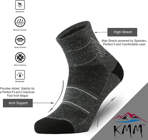 Miniatura 2 de KMM Calcetines tobilleros de lana merino de corte bajo para hombre, ligeros, con un cuarto de amortiguación, anti ampollas, senderismo, senderismo
